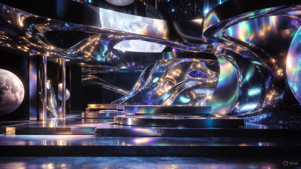 Extra Celestial 2026 interior design with chrome metallic surfaces, holographic finishes, cosmic lighting, and futuristic architectural forms
