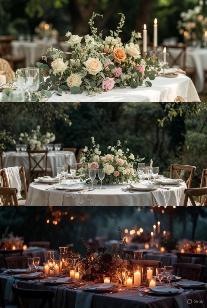 Wedding table centerpiece featuring pastel roses, eucalyptus greenery, and soft candlelight for classic outdoor wedding styling.