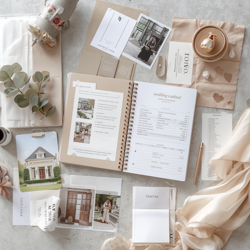 Wedding planning notebook displaying guest list pages, venue inspiration, and checklist details for organizing wedding logistics.