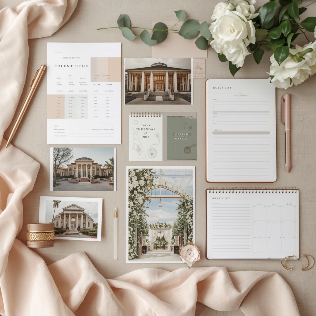 Wedding planning flat lay with guest list pages, timeline planner, neutral fabrics, and stationery for final wedding preparations.