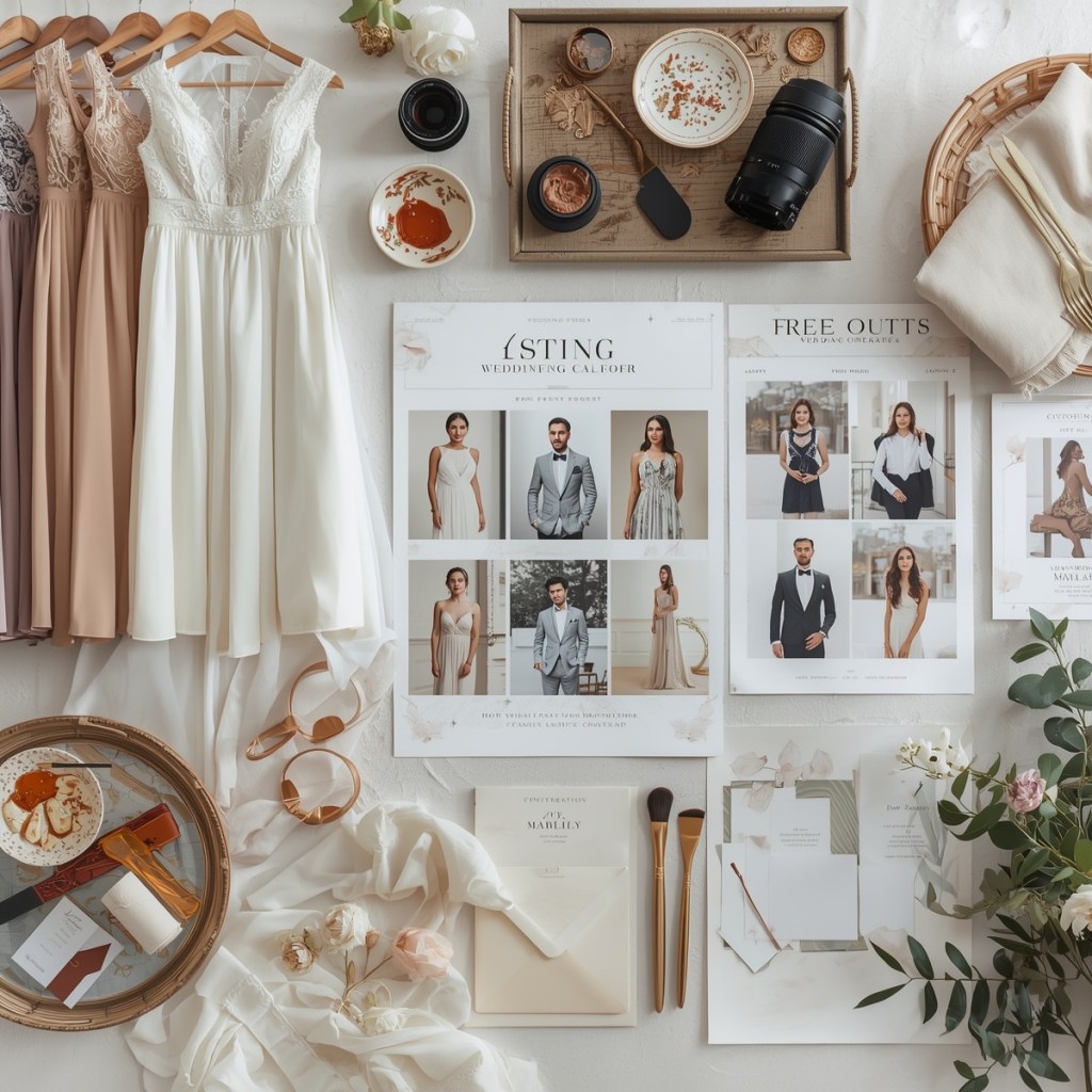 Wedding planning flat lay featuring bridal dresses, wedding style magazines, stationery, beauty tools, and photography details for outfit and vendor inspiration.