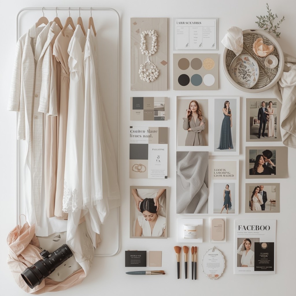 Minimal wedding wardrobe and mood board displaying neutral bridal outfits, color palette samples, makeup tools, and styling inspiration.