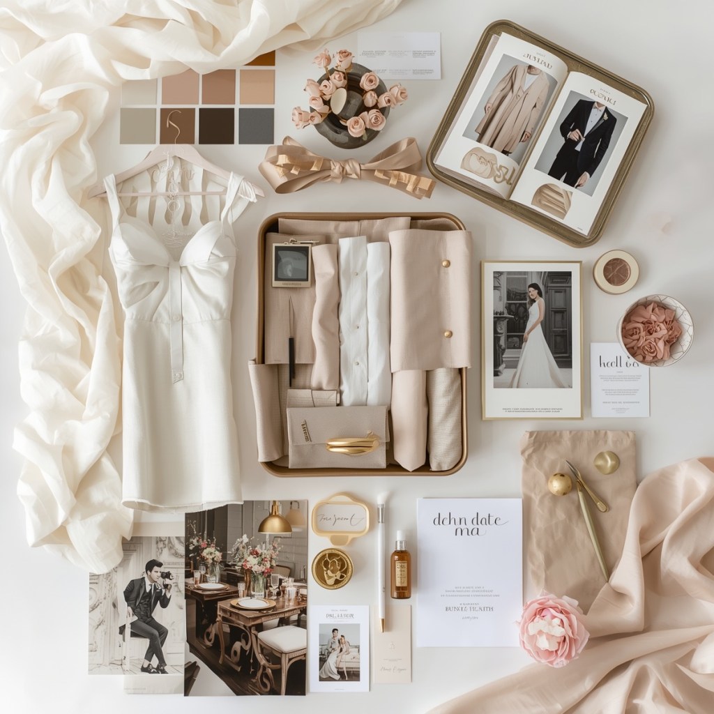 Wedding styling and outfit planning flat lay with bridal dress, groom suit inspiration, fabric swatches, stationery, and neutral wedding color palette.