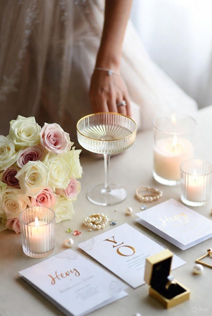 “Minimalist luxury wedding flat lay with pastel roses, pearl bracelet, gold-rimmed glass, lit candles, and elegant invitations in soft beige and blush tones – quiet luxury bridal inspiration from Rubab Nest”