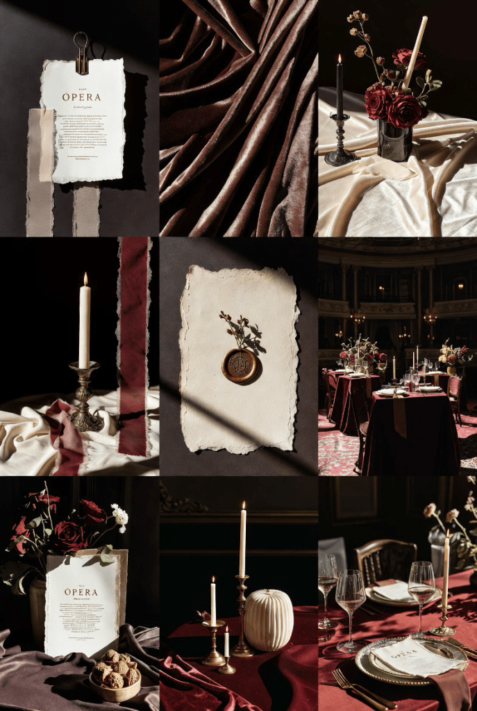 Opera-inspired wedding stationery flat lay with burgundy silk fabric, hand-torn paper invitation, wax seal, and candlelit styling