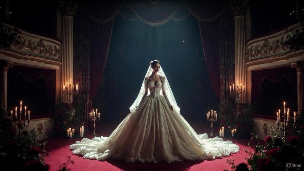 Opera aesthetic wedding scene featuring a bride in a dramatic corset gown with a long train standing on a candlelit theatre stage, surrounded by velvet curtains, gold balconies, and moody cinematic lighting.