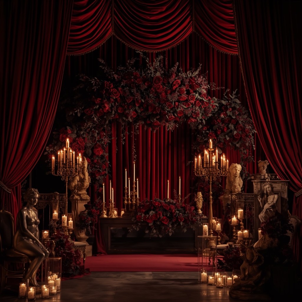 Opulent wedding altar featuring layered crimson velvet curtains, cascading red rose arch, gold candelabras, glowing candles, and antique statues for a moody luxury look.