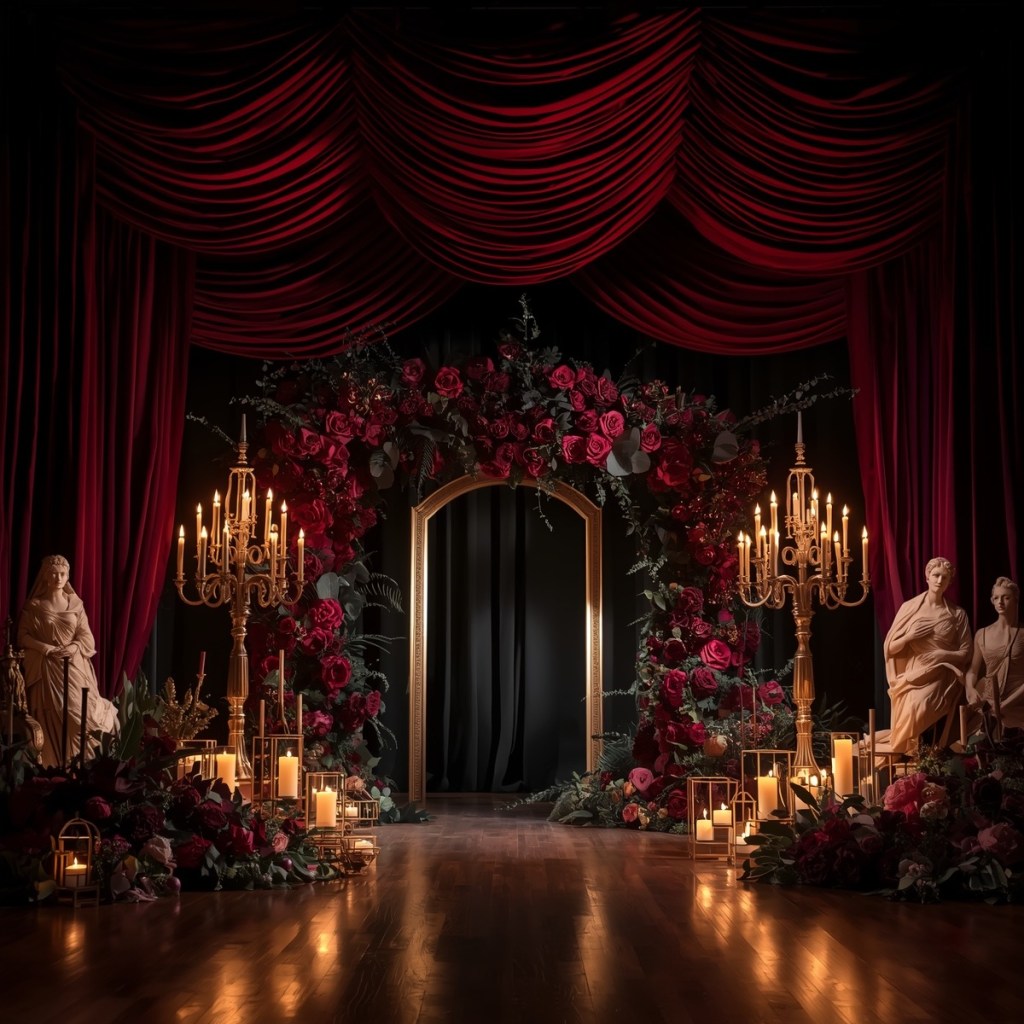 Dramatic wedding ceremony stage with deep red velvet draping, gold archway, candlelit aisle, lush burgundy florals, and classical statues in a dark romantic setting