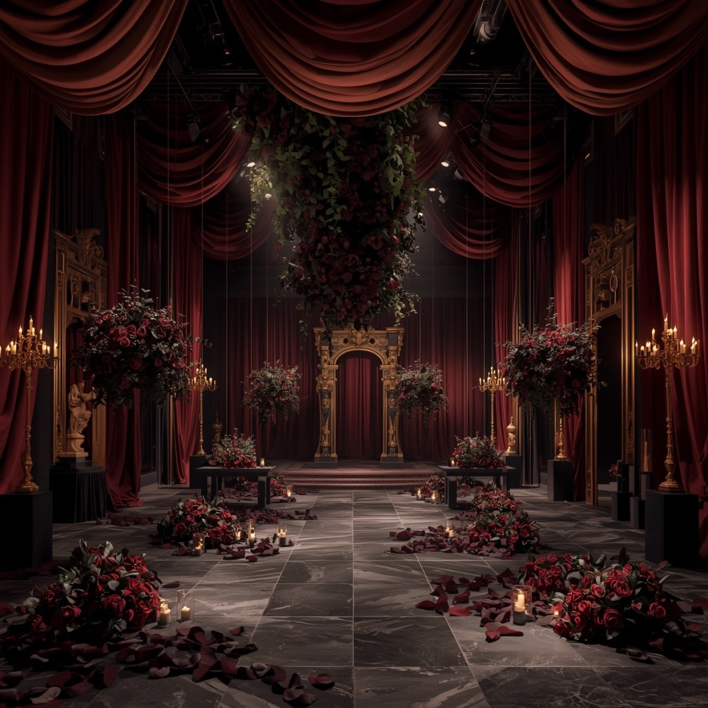 Grand dramatic wedding aisle with red velvet ceiling drapes, gold architectural frames, hanging florals, candlelit pathway, and scattered rose petals in an opulent hall.