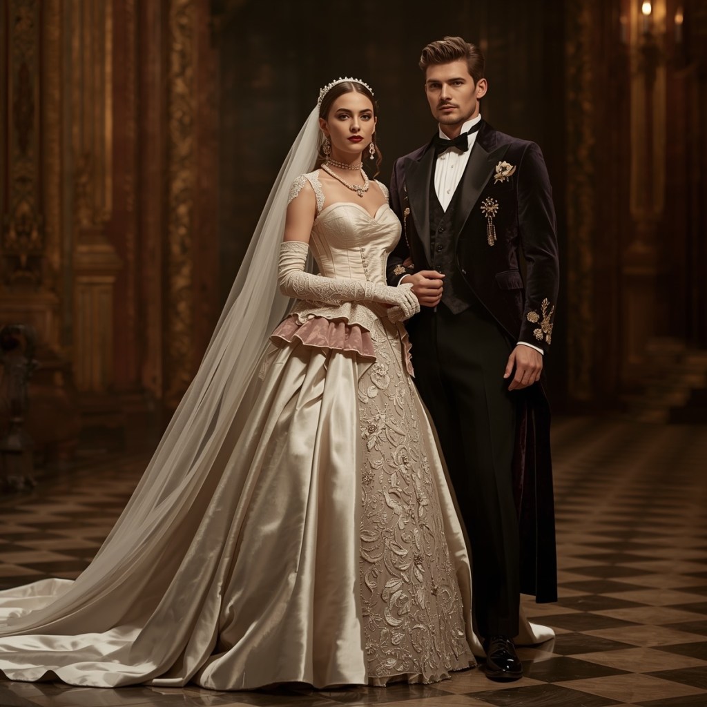 Theatrical wedding fashion inspired by classic opera houses and high-fashion editorials.