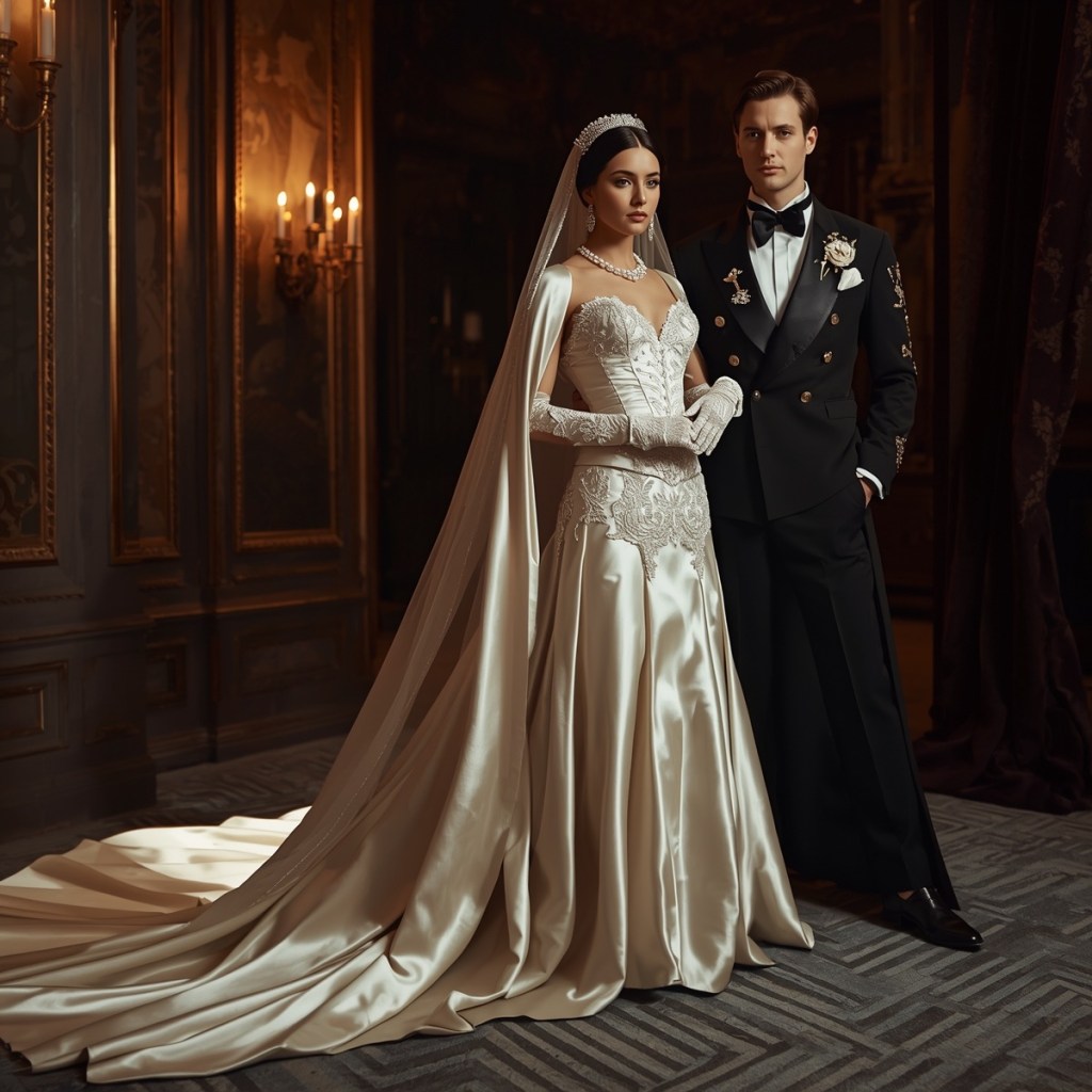 Luxury opera-inspired bridal and groom fashion styled with vintage accents and cinematic lighting.