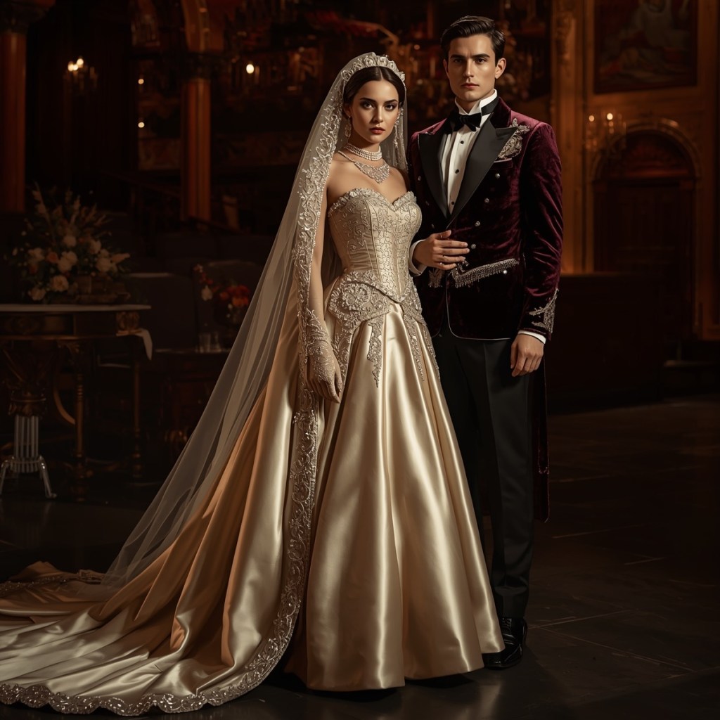 Editorial opera aesthetic wedding attire with structured gowns, rich fabrics, and refined tailoring.
