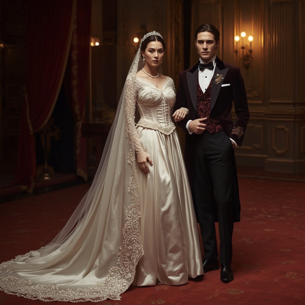 Opera-inspired wedding fashion featuring dramatic silhouettes, couture detailing, and timeless elegance.