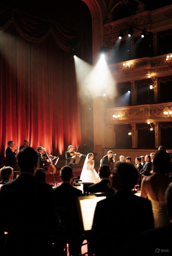 Opera-inspired wedding ceremony with live string musicians and dramatic stage lighting inside an ornate historic theatre.
