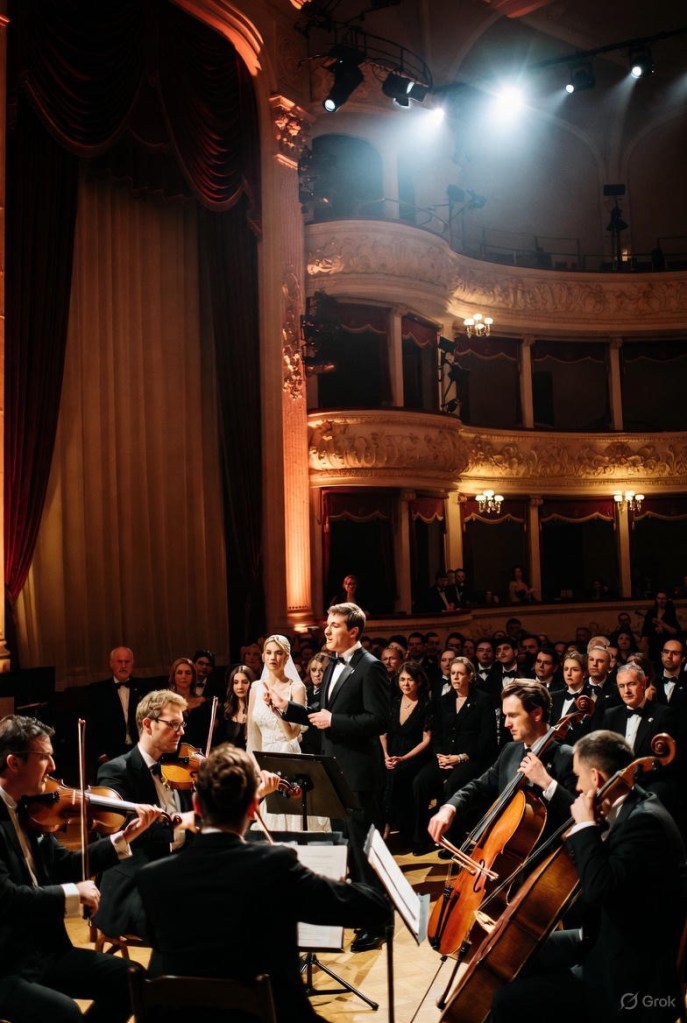 Groom performing live opera music beside the bride during a dramatic wedding ceremony with a full orchestra in a grand opera house.