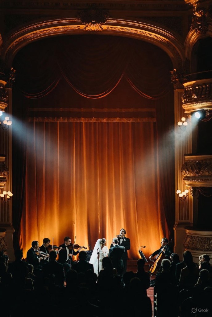 Grand opera house interior illuminated by theatrical lighting during a live music wedding ceremony.