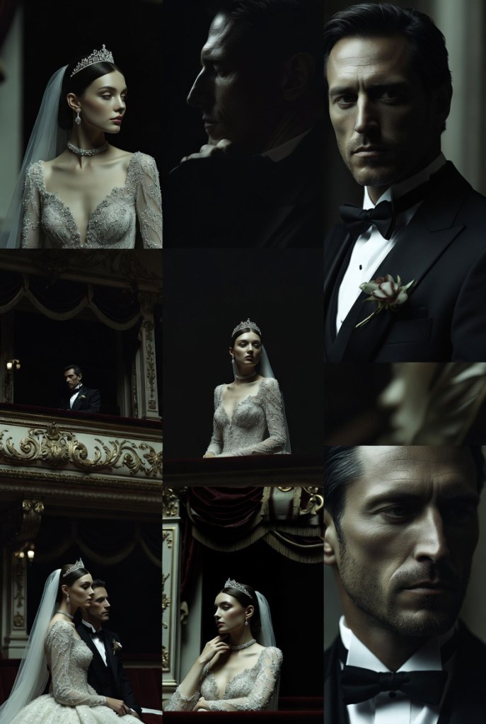 Bride and groom standing face to face inside a grand opera house, photographed with cinematic lighting and elegant wedding styling.