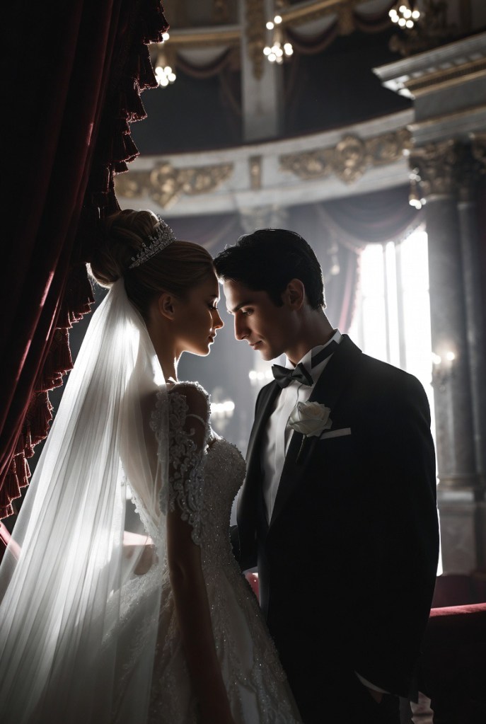 Intimate wedding portrait of a bride and groom framed by velvet curtains and soft theatrical light inside a historic theatre.