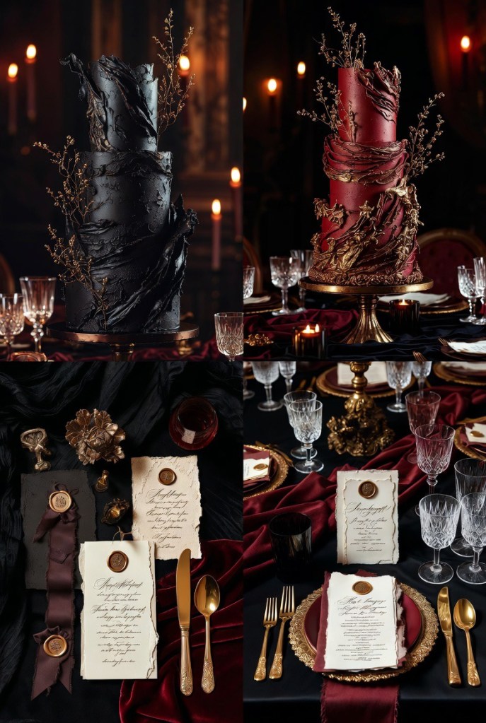 Opera-inspired wedding table details featuring deep red and black decor, gold flatware, crystal glassware, and calligraphy stationery.