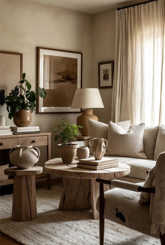 Anthropologie Home–inspired cozy living room with warm neutral tones, layered linen and boucle textures, sculptural wood coffee table, ceramic decor, soft natural light, and a calm, curated 2026 soft reset aesthetic.