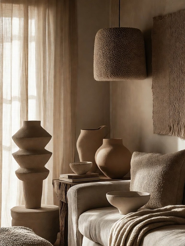 Warm neutral living space with sculptural ceramic vases, textured upholstery, and soft natural light, creating a calm and curated soft reset home aesthetic.