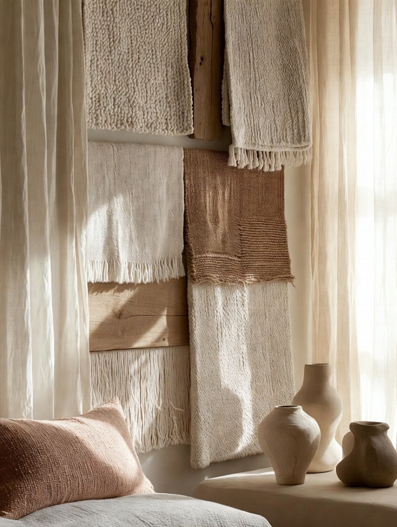 Layered wall-hung textiles in neutral tones with ceramic pottery, styled near sheer curtains for a warm, tactile soft reset interior.