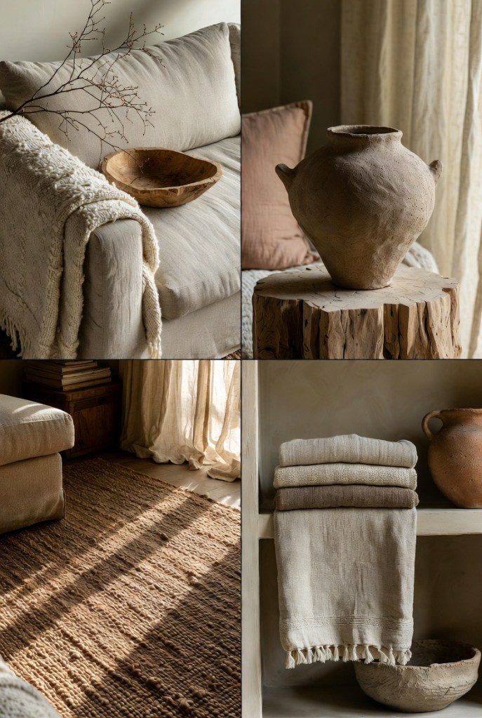 Close-up of a neutral sofa with a wooden bowl, soft throw, and natural textures, reflecting intentional and cozy soft reset living.