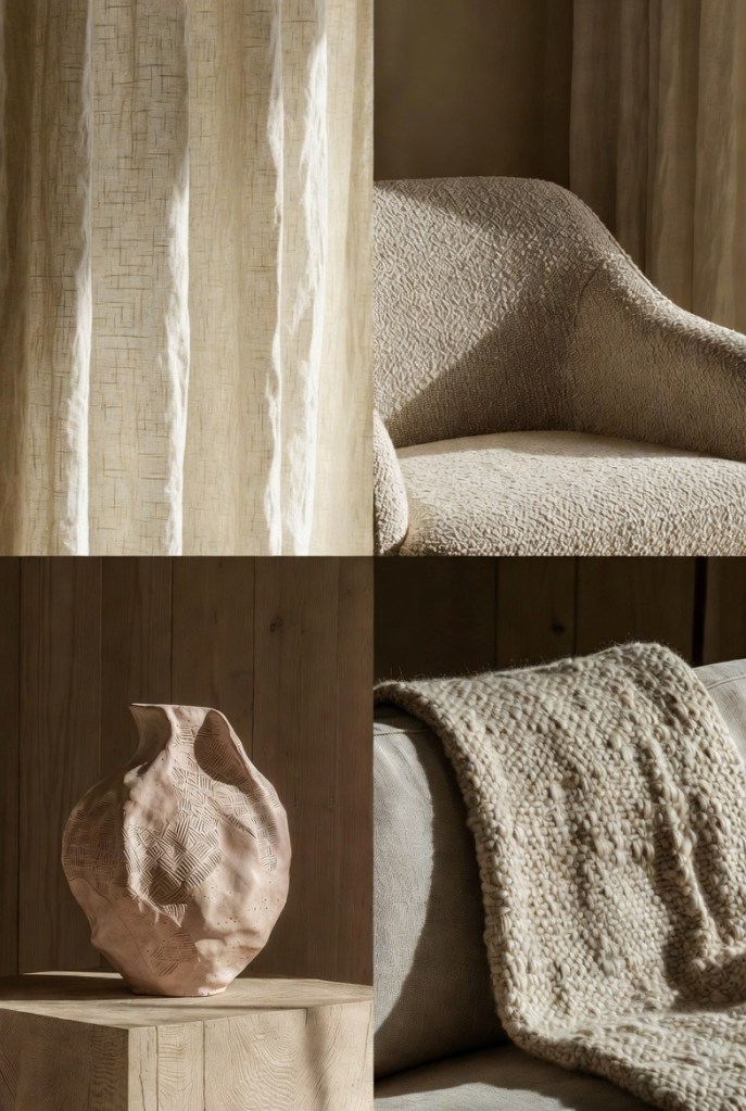 Woven rug and folded linen textiles styled in warm light, highlighting texture, simplicity, and balance in a soft reset home.