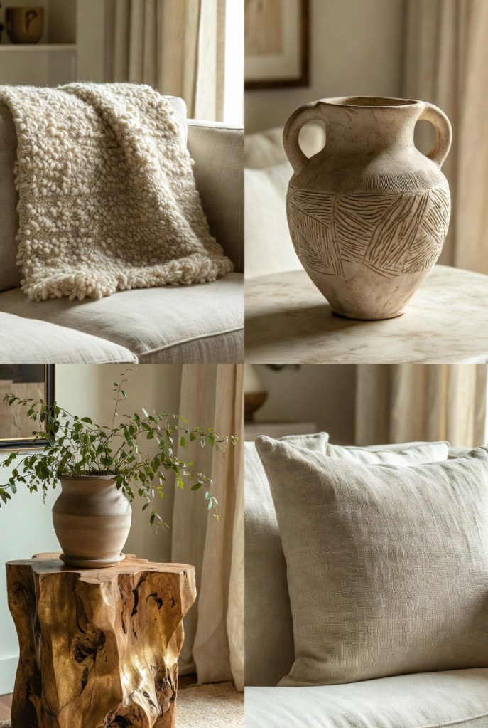 Close-up of sheer curtains and a boucle accent chair, showcasing tactile materials and muted tones in a calm, cozy interior.