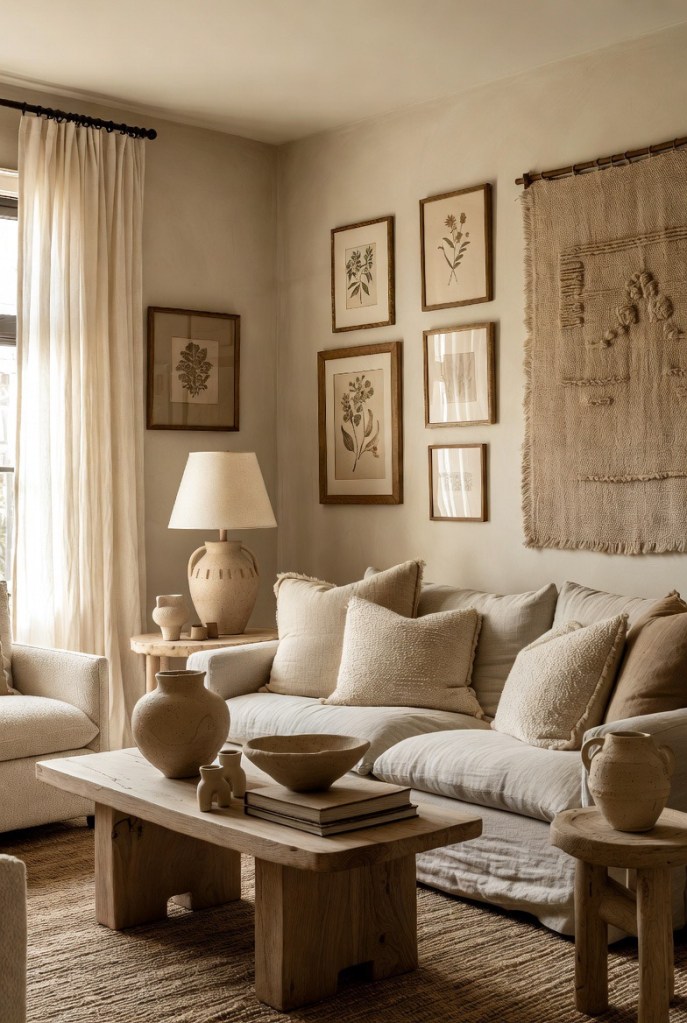 Warm neutral living room with linen sofa, textured cushions, handcrafted ceramic decor, woven wall art, and soft natural light creating a calm, curated space