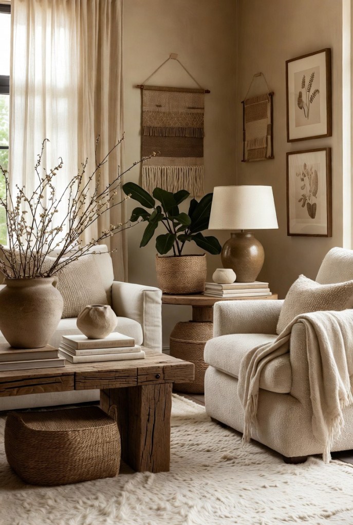 Cozy sitting area styled with plush armchairs, linen textiles, ceramic table lamps, botanical wall art, and layered textures in warm neutral tones