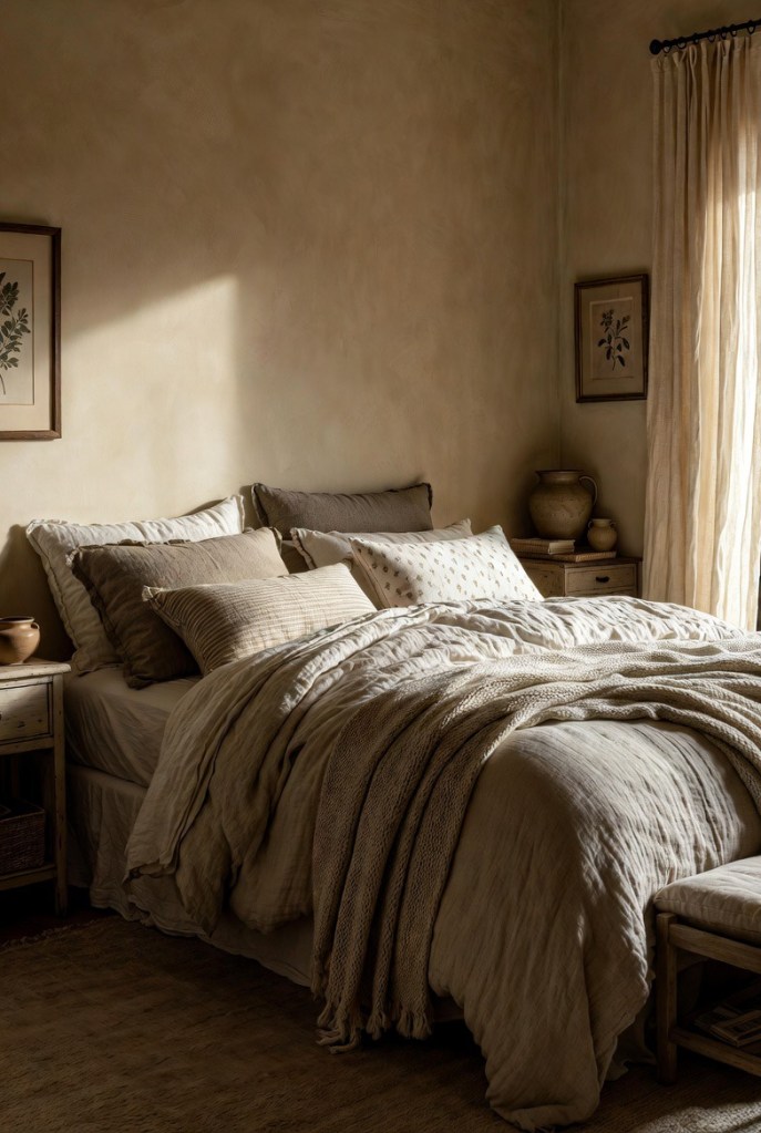 Serene bedroom featuring layered linen bedding, soft throws, muted beige tones, natural light, and minimalist decor for a restful soft reset aesthetic