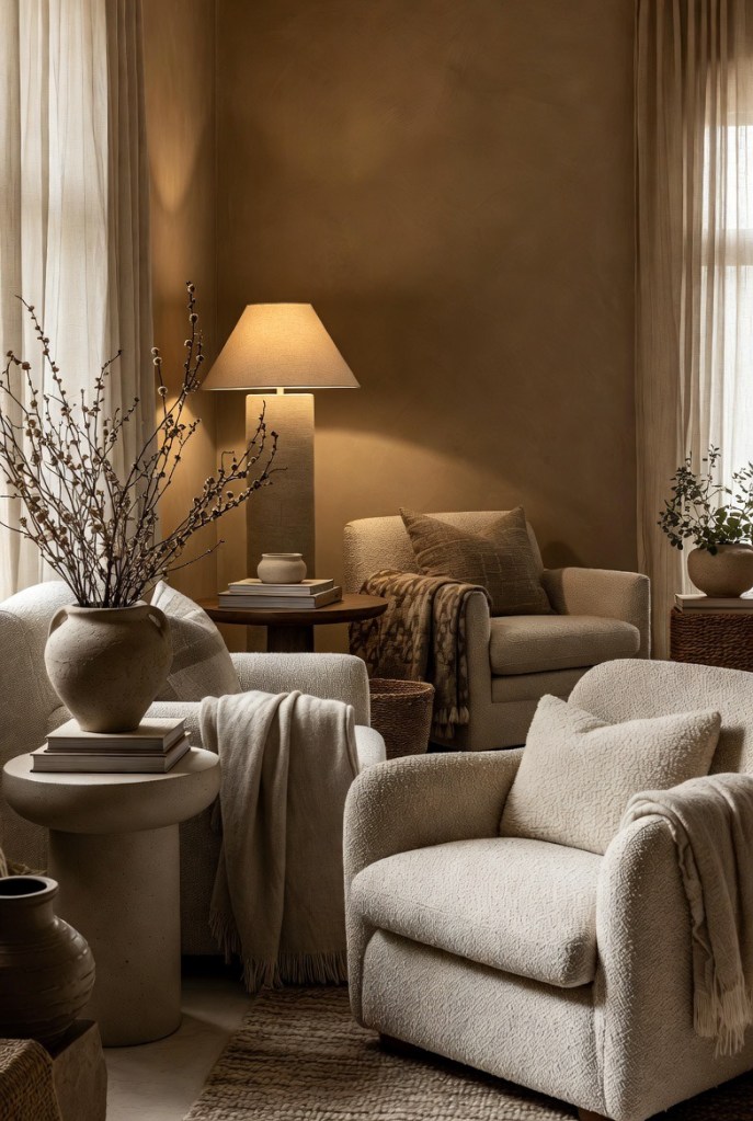 Minimalist lounge corner with boucle armchairs, ceramic vases, soft lighting, natural textiles, and warm earthy neutrals for a relaxed, inviting interior
