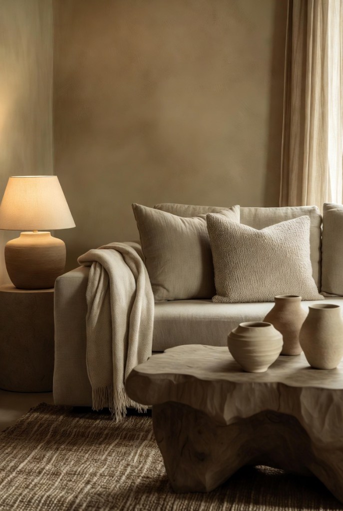 Cozy living room corner styled for a soft reset, featuring a warm ceramic table lamp, relaxed linen sofa, textured throw, and organic sculptural coffee table in earthy neutral tones.