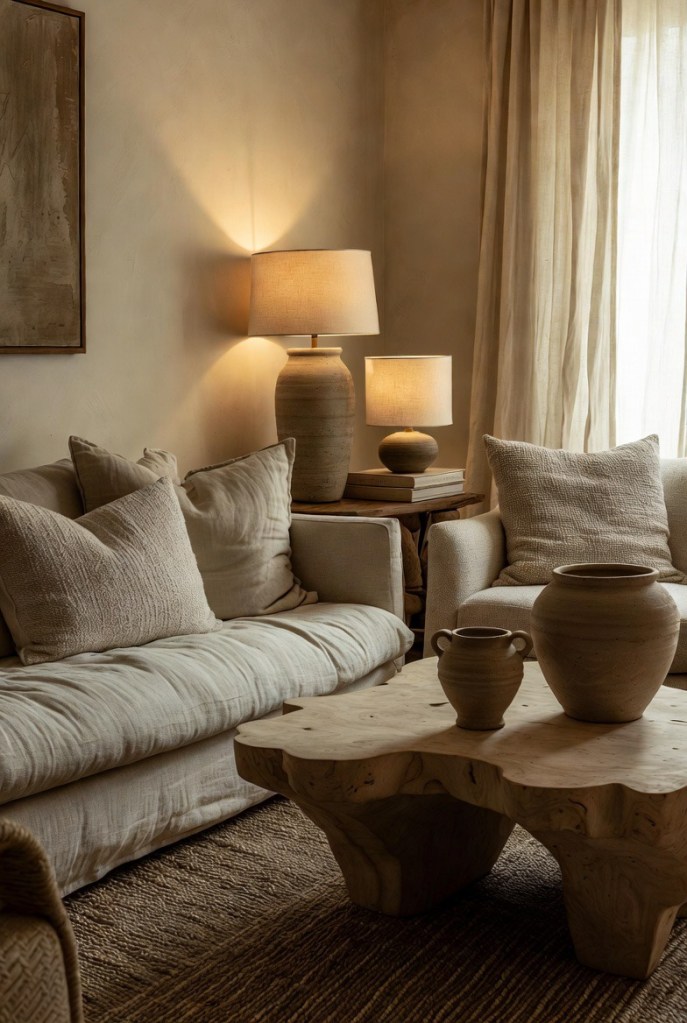 Anthropologie-inspired soft reset living room with layered neutral cushions, warm table lamps, hand-thrown ceramic vases, and a sculptural wood coffee table creating a calm, cozy atmosphere.