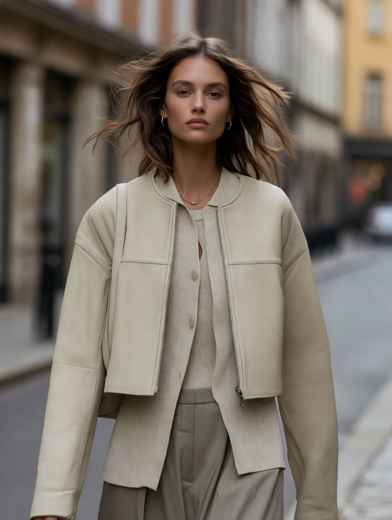 Neutral winter outfit featuring a cream cropped jacket layered over a knit top and wide-leg trousers, styled for a modern city street look.