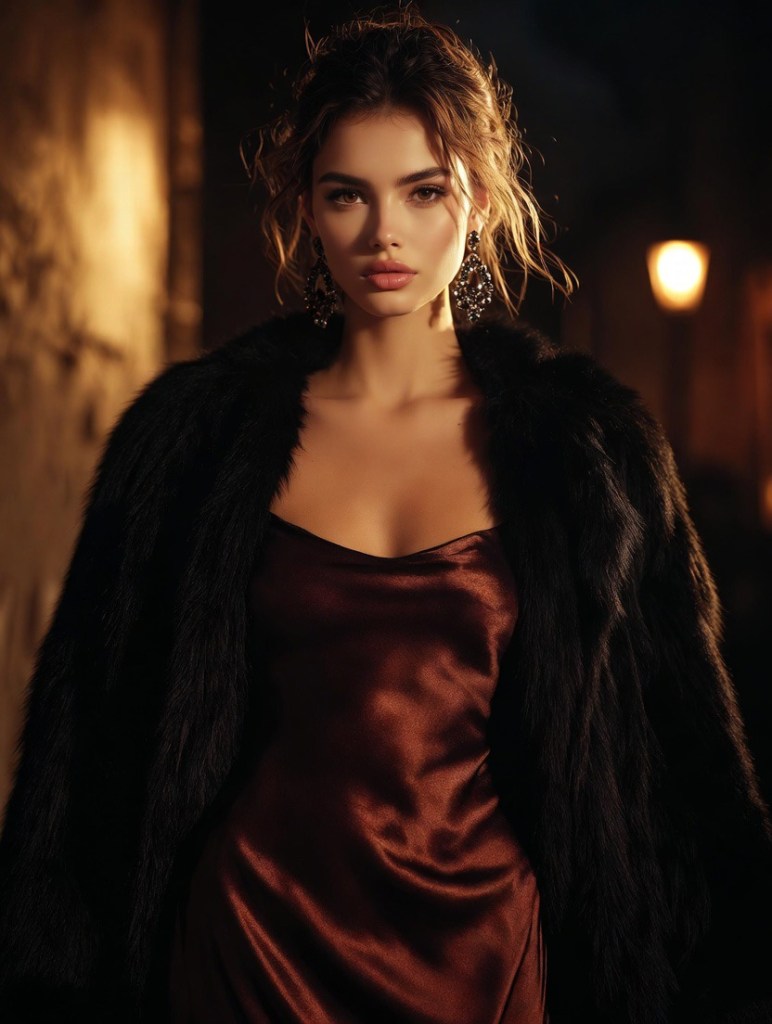 Luxury evening fashion portrait showcasing a satin slip dress with a black faux-fur coat, statement earrings, and warm cinematic lighting for a dramatic winter mood.