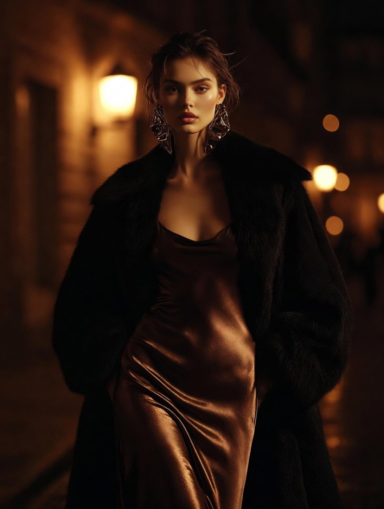 High-fashion winter evening outfit featuring a satin slip dress and oversized faux-fur coat, styled with sculptural earrings in a dramatic nighttime street setting.