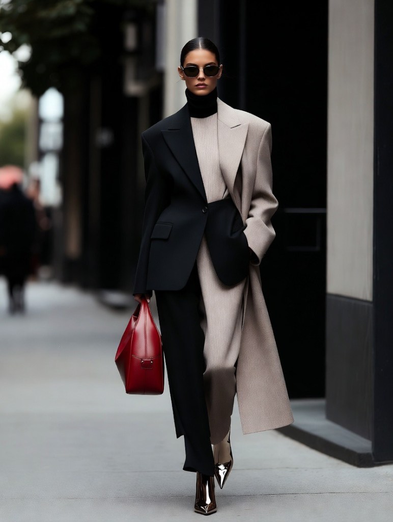 Modern winter outfit with structured black and beige tailoring, styled with a long coat, pointed boots, sunglasses, and a statement red handbag.
