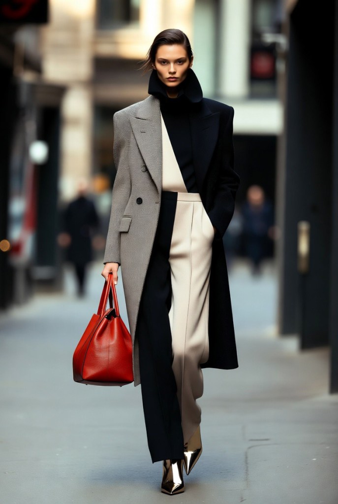 High-fashion winter outfit showcasing a bold black and ivory monochrome look with a structured coat, tailored trousers, and a red leather handbag.
