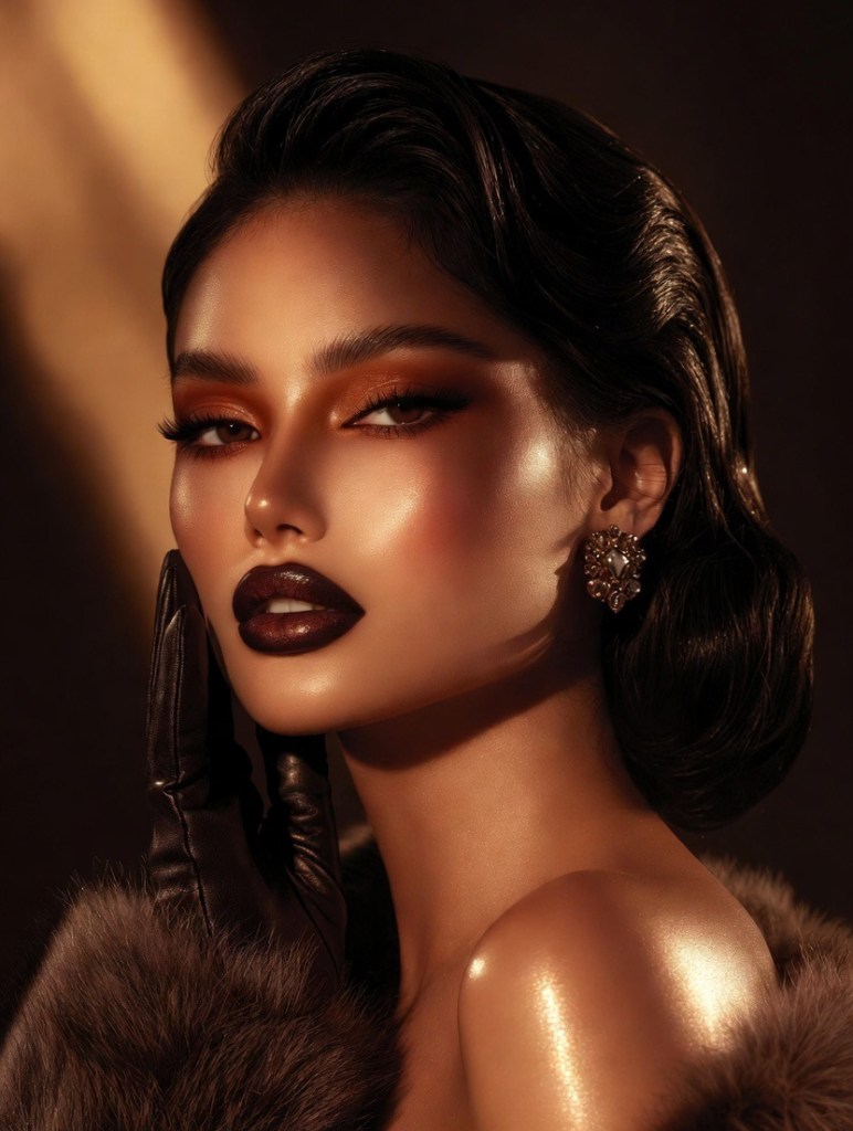 Ultra glam winter makeup look featuring luminous highlights, rich smoky eyes, deep glossy lips, and vintage-inspired waves, paired with faux-fur styling and dramatic lighting.

