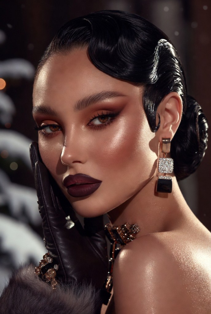High-glam beauty portrait with glossy sculpted waves, warm-toned smoky eyes, deep berry lips, and crystal statement earrings under cinematic evening lighting.