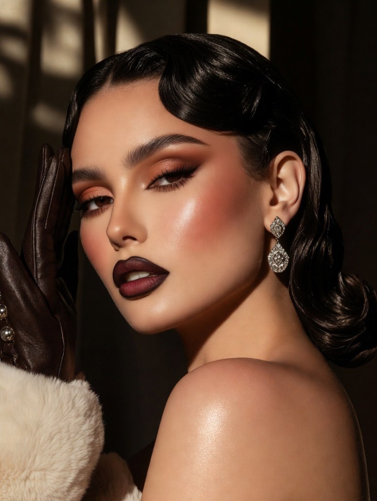 Luxury beauty close-up showcasing radiant skin, softly defined eyes, bold lips, and polished waves, styled with elegant earrings and winter textures.