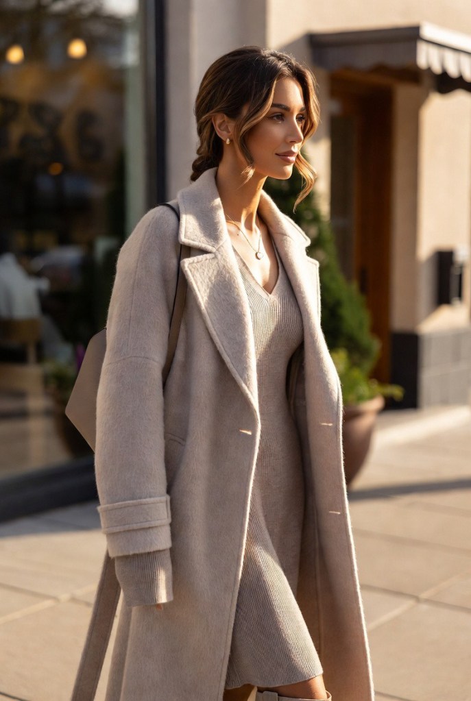 Beige ribbed knit midi dress styled with a neutral wool coat for a cozy winter date night.
