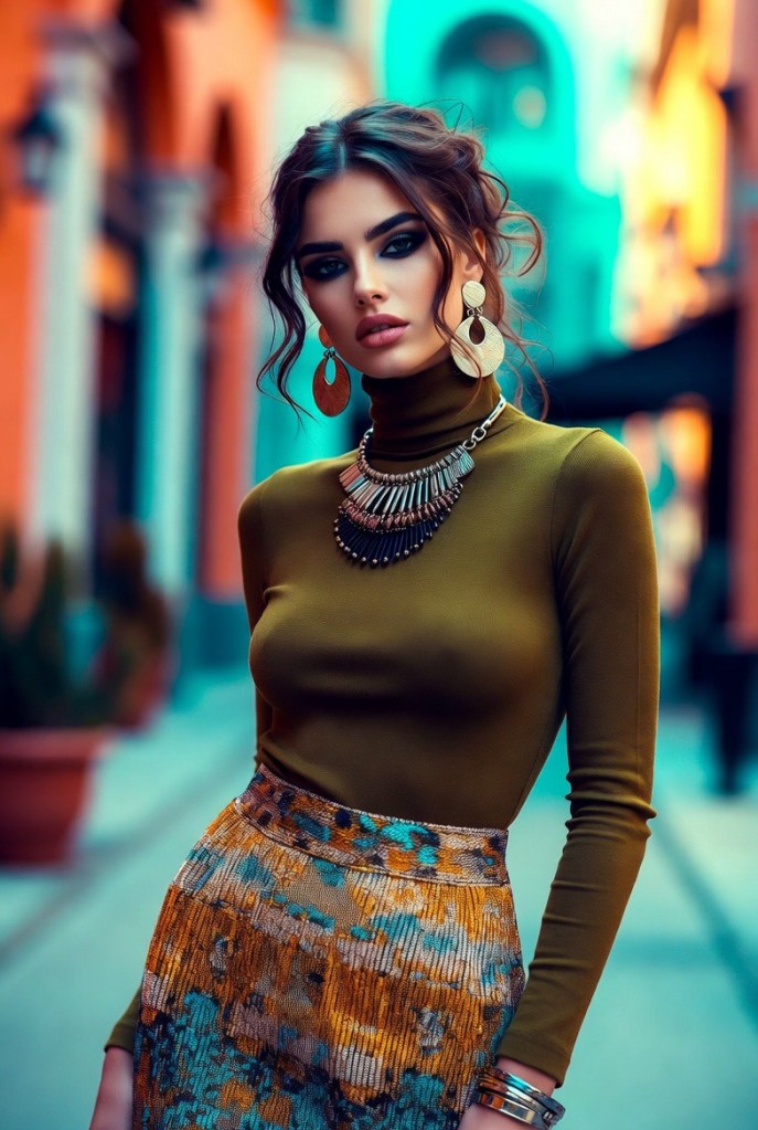 Casual winter styling with a fitted turtleneck and patterned midi skirt
