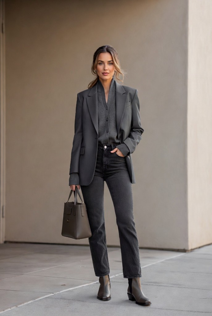 Polished winter outfit styled with a blazer, fine-knit top, and dark straight-leg denim
