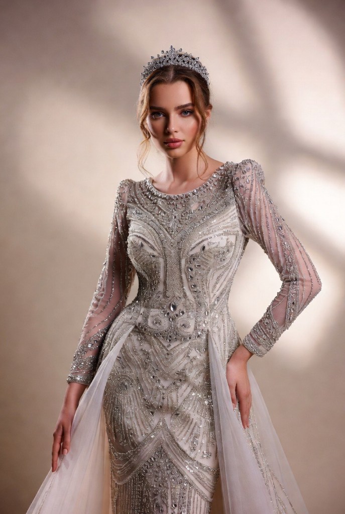 High-fashion silver bridal gown with embellished bodice and detachable sheer overskirt panels.