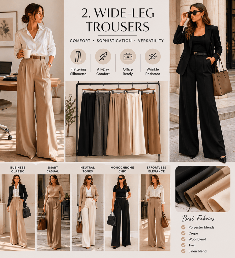 Fashion infographic featuring elegant wide-leg trousers styled for office wear, showcasing neutral workwear outfits, wrinkle-resistant fabric options, and chic professional styling ideas.