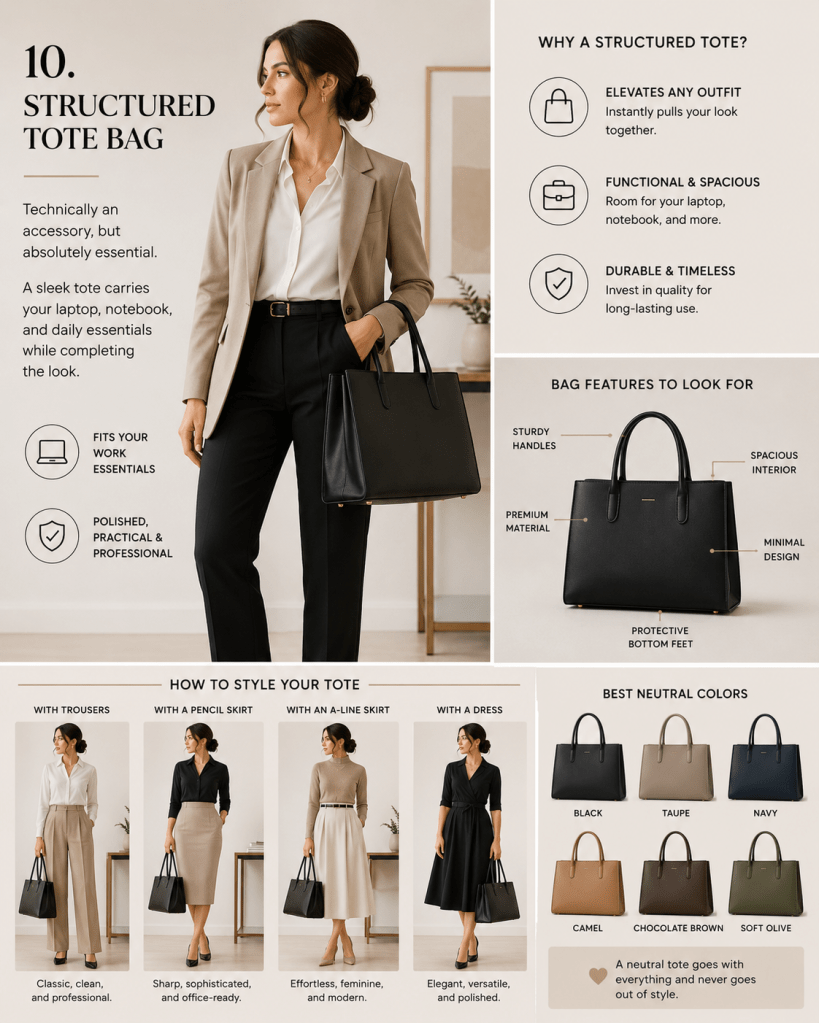 Fashion infographic featuring a structured tote bag styled for office wear, showcasing a sleek professional handbag, practical work essentials, and versatile minimalist office outfit inspiration.
