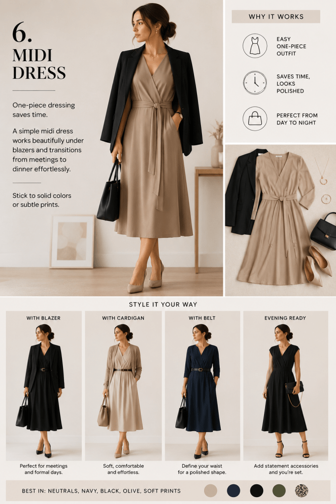 Elegant midi dress styled for office wear, showcasing polished professional fashion, minimalist workwear styling, and versatile day-to-night capsule wardrobe inspiration.
